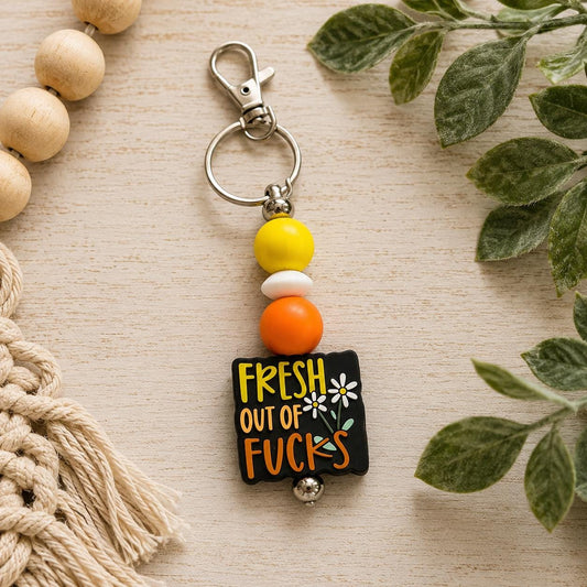 Funny Beaded Keychain | “Fresh Out of F*cks” Keychain | Snarky Gift | Sassy Silicone Bead Keychain | Purse Charm | Backpack Accessory | Adul