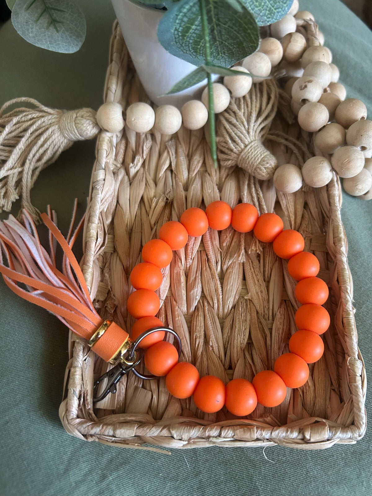 Silicone Beaded Wristlet Keychain Bracelet, Tassel Charm Accessory