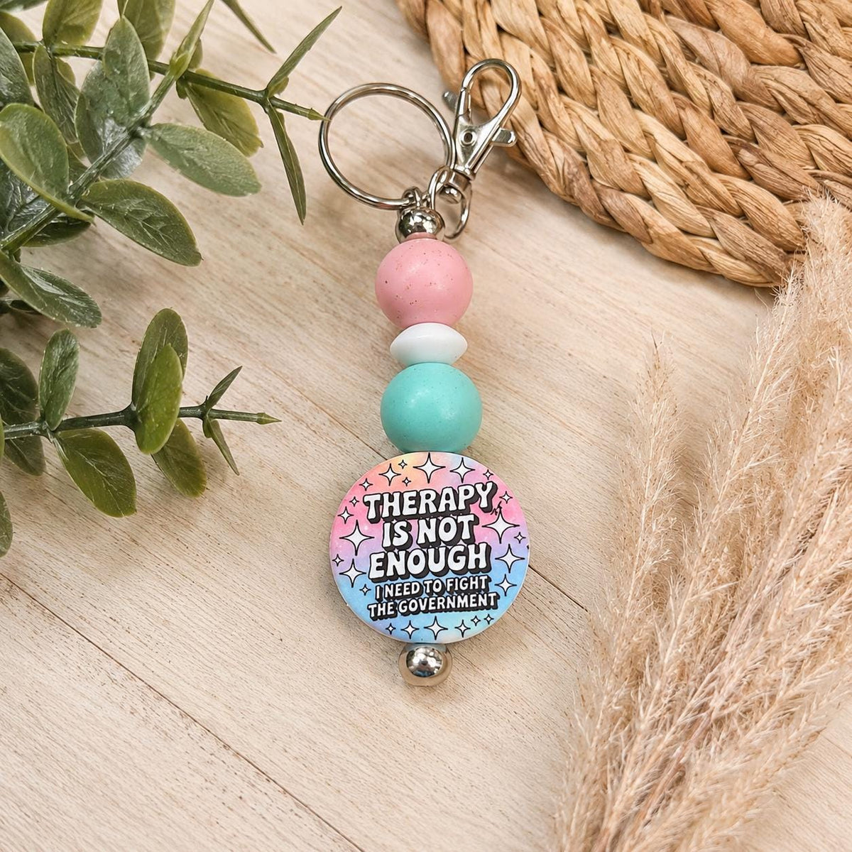 Funny Political Beaded Keychain, Therapy Is Not Enough Keychain, Sarcastic Government Quote, Pastel Bag Charm, Humorous Gift