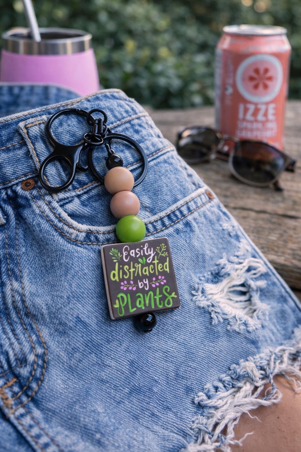 Handmade Beaded Keychain, Easily Distracted by Plants, Earthy Tones, Botanical Gift