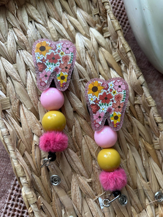 Floral Tooth Badge Reel | Retractable Dental ID Holder Clip, Handmade Charm