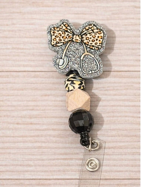 Leopard Bow Stethoscope Badge Reel